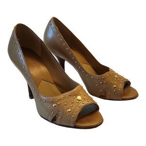 MICHAEL Michael Kors Tan Leather Studded Embellished Peep Toe Heels